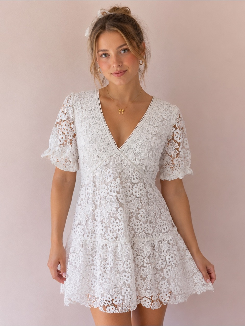 NWT Jun & Ivy White Lace Babydoll Mini Dress Size M Puff Sleeve V-Neck Coquette